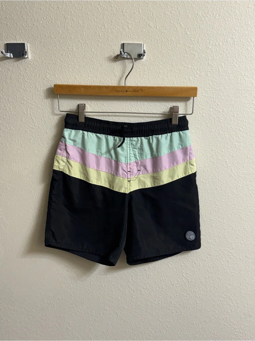 Boys Volcom Colorblock Swim Shorts in Black with Mint, Lavender & Pale Yellow